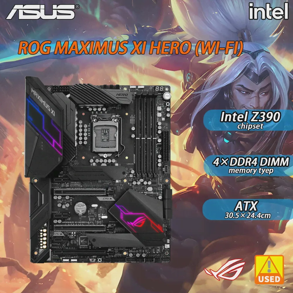 Материнская плата ASUS ROG MAXIMUS XI HERO WI-Fi LGA 1151 оснащена чипсетом Intel Z390 4 × DDR4 64 ГБ PCI-E 3.0 2 × M.2 SATA III 3 ×PCI-E X16